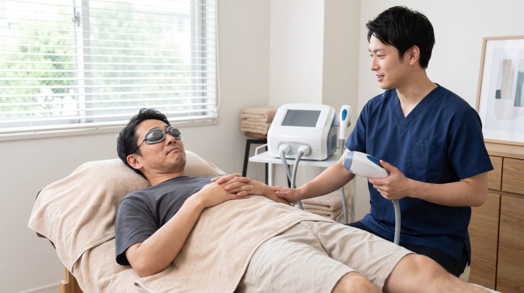 男性スタッフからメンズ脱毛の説明を受ける施術イメージ